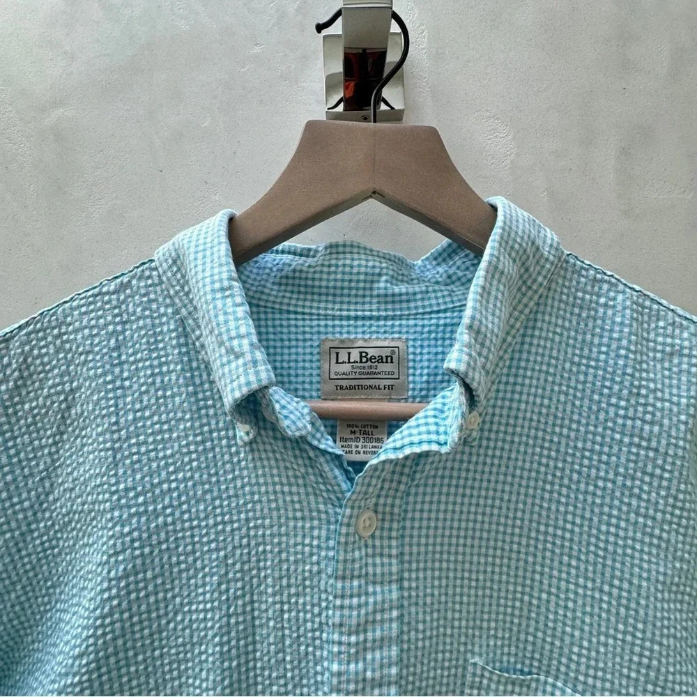 L.L. Bean || Men’s Gingham Ocean Blue White Seersucker Cotton M Tall - Picture 5 of 9